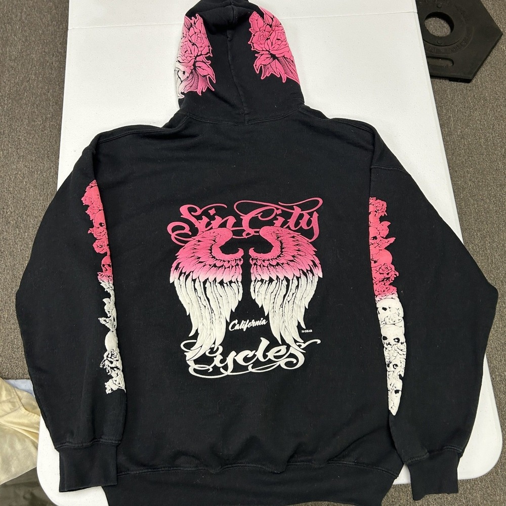 Gildan Sin City Cycles Hoodie Mens XL Black Pink Angel Wings Graphic Skulls